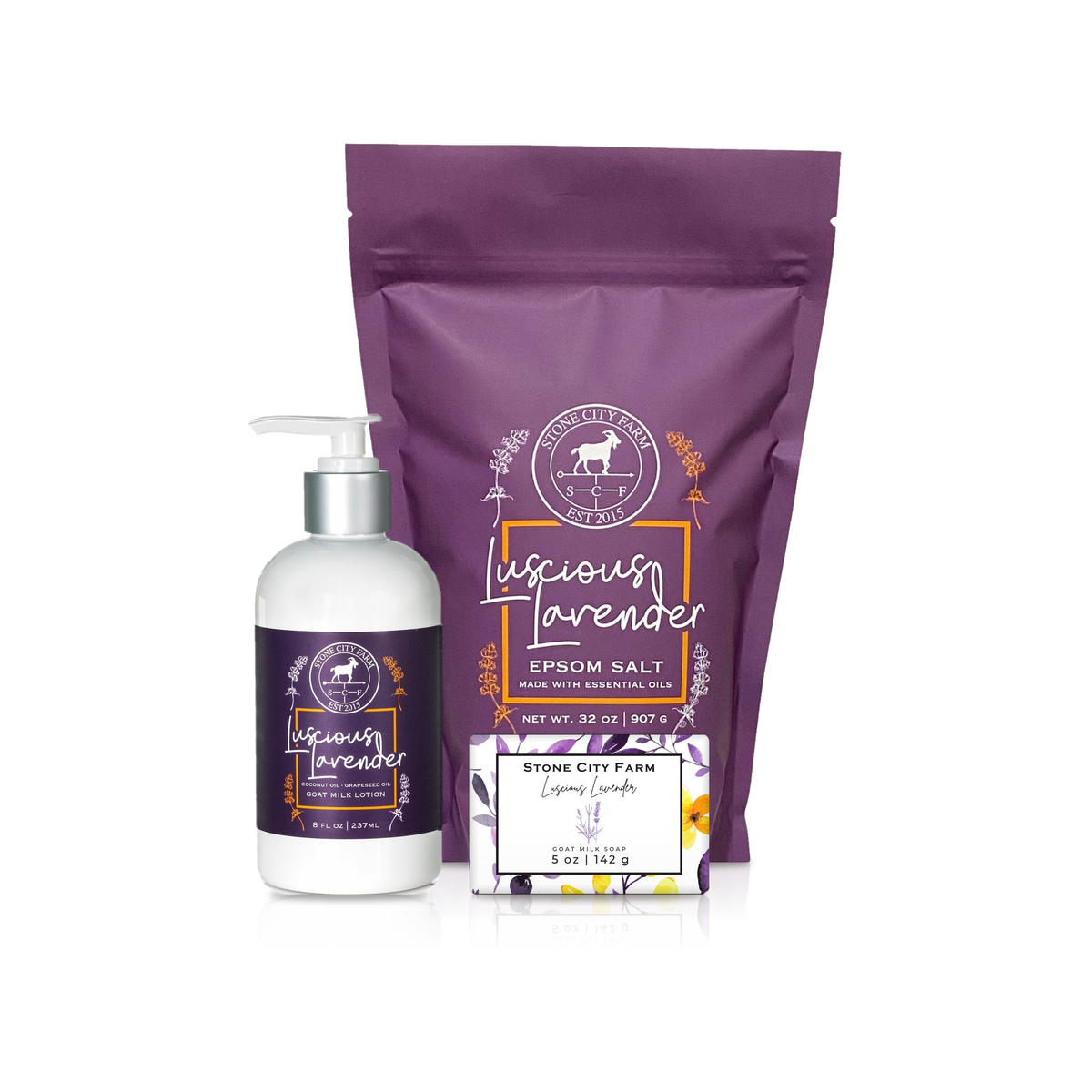Luscious Lavender Epsom bath salts, goat milk soap bar and goat milk lotion