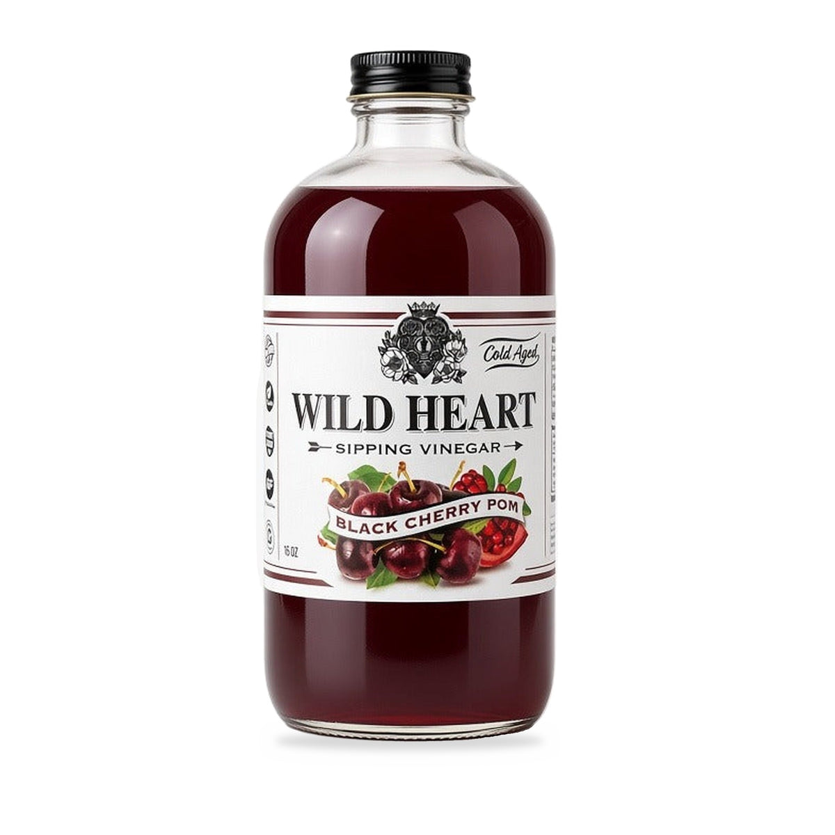 Wild Heart Black Cherry Pom Sipping Vinegar, 16 oz bottle on white background