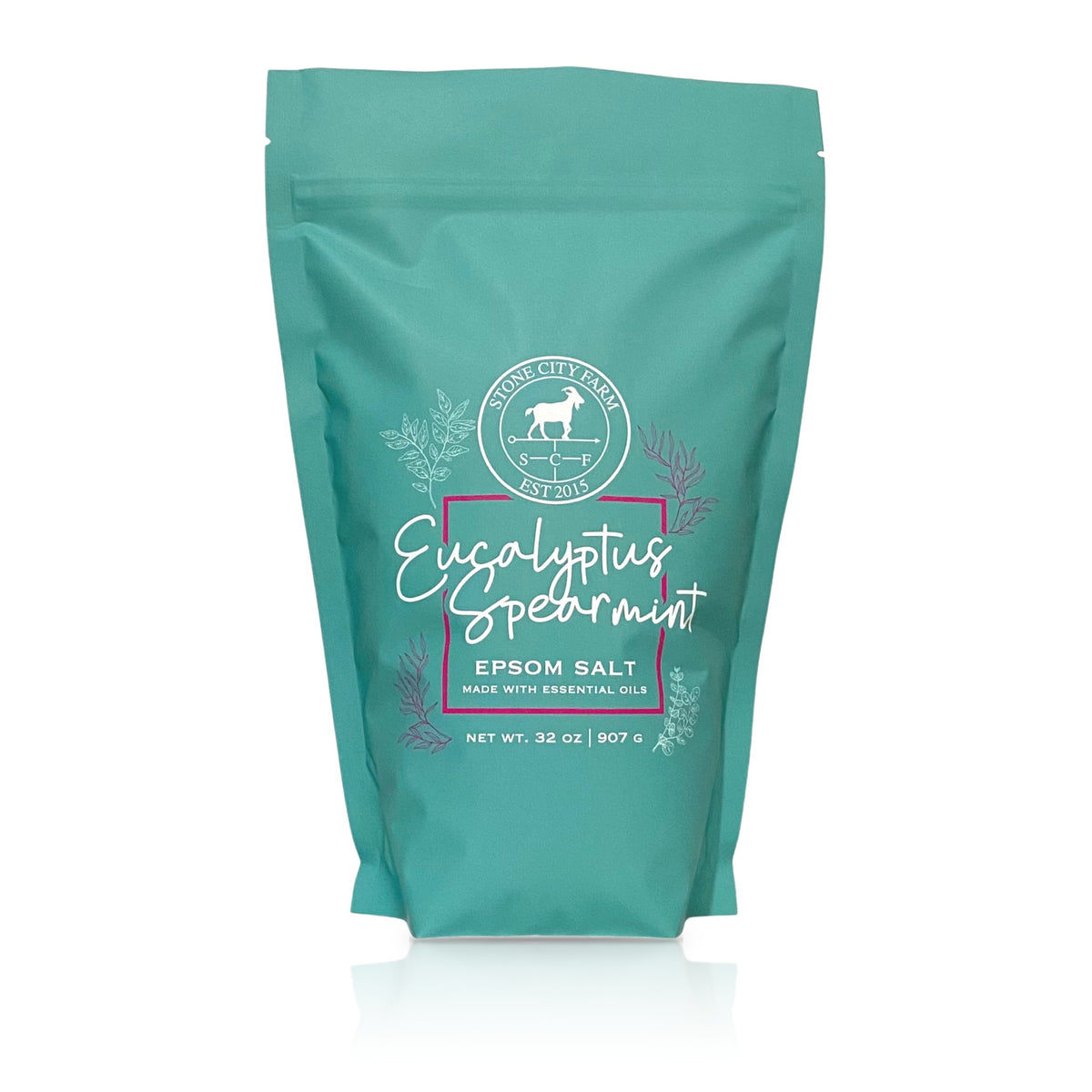 Eucalyptus Spearmint Epsom bath salts in a 2 lb teal pouch