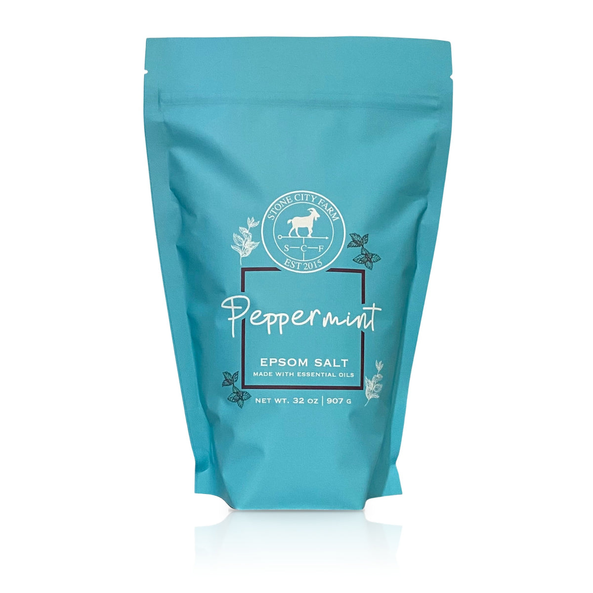 Peppermint Epsom bath salts in a 2 lb turquoise pouch