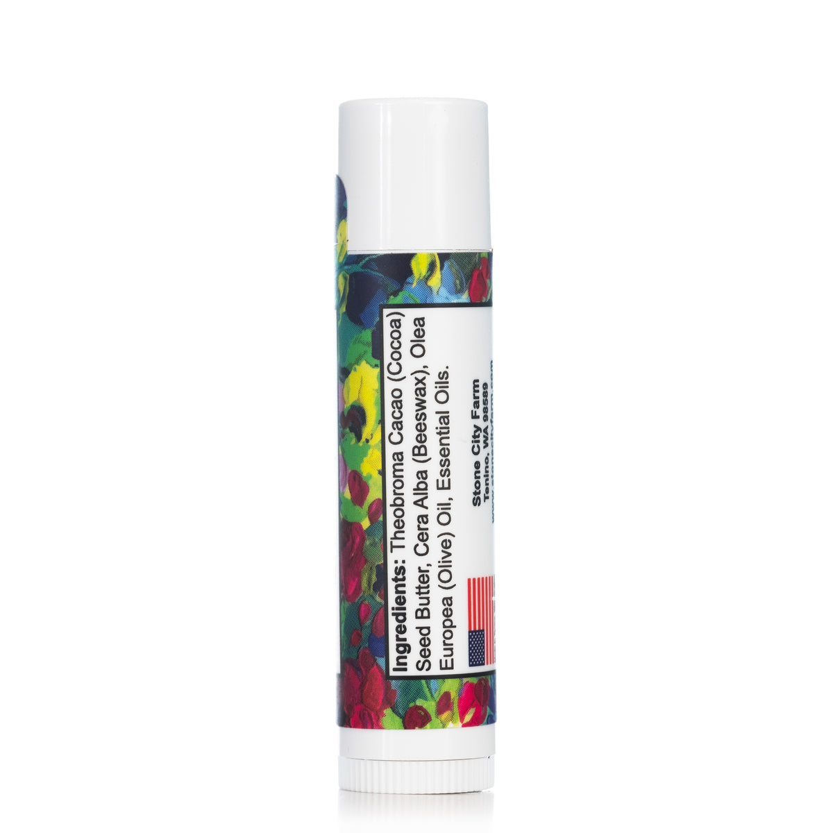 Eucalyptus Spearmint lip balm tube, back of label with ingredients