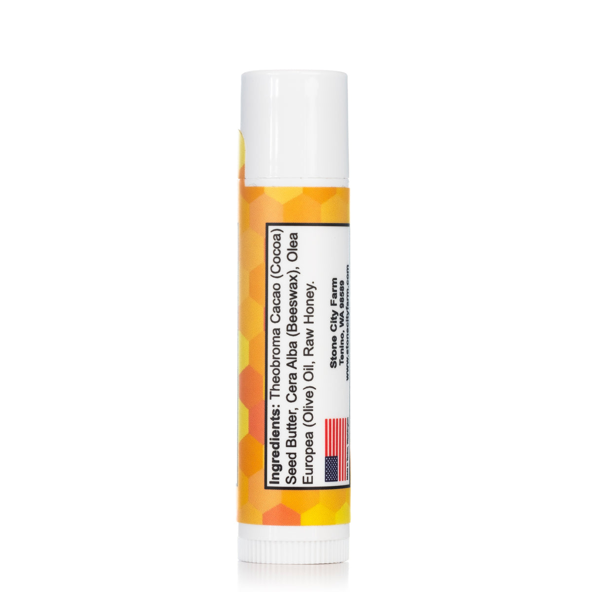 Honey lip balm tube, back of label with ingredients