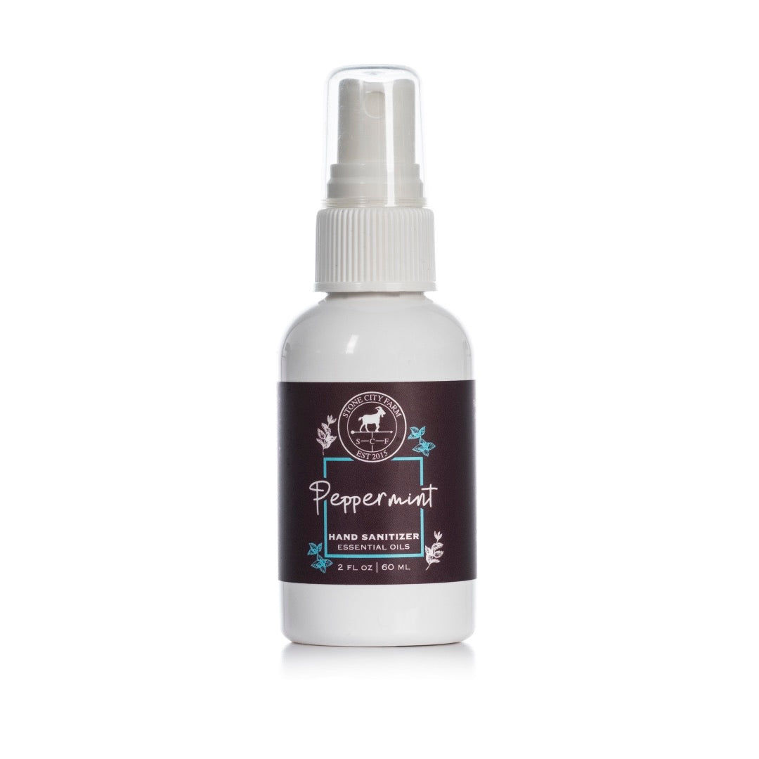 Peppermint hand sanitizing spray, original studio photo with reflection