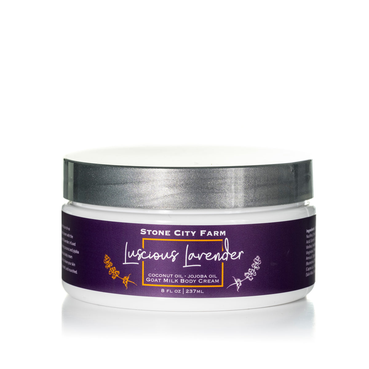 Luscious Lavender goat milk body cream, original studio photo with reflection
